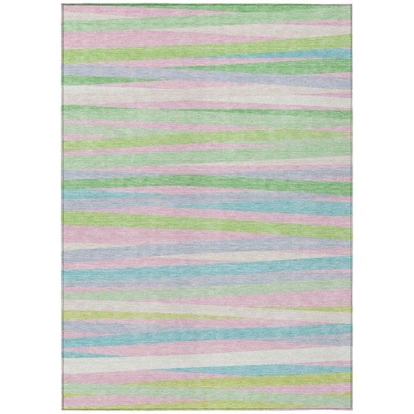 Homeroots 10' X 14' Mint Green Pink And Blue Striped Washable Indoor Outdoor Area Rug 597342 - main