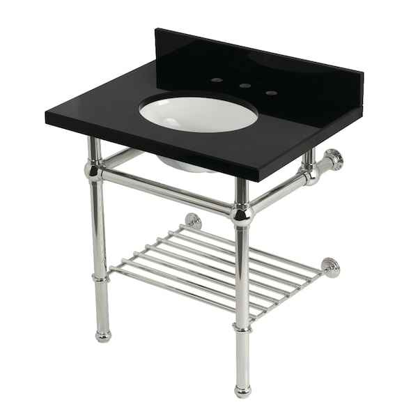 Kingston Brass 30-Inch Black Granite Console Sink with Brass Legs and Shelf, 8-Inch, 3-Hole KVPK3030KBB6 - main