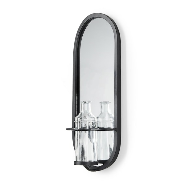 Homeroots 19" Black And Clear Glass Bottle Metal And Mirrored Glass Oval Wall Vase 608652 - main