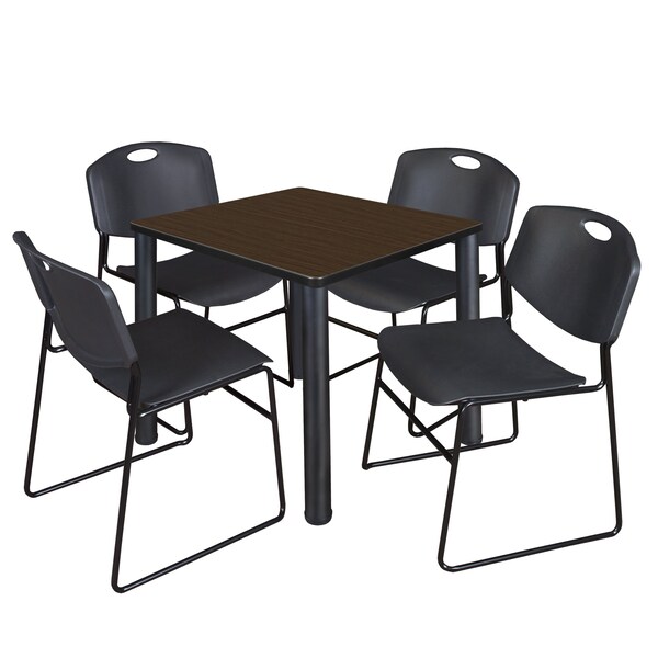 Regency Square Kee Breakroom Table W/ 4 Zeng Stack Chairs, 30 in W, 30 in L, Neo Walnut TB3030NWBPBK44BK - main
