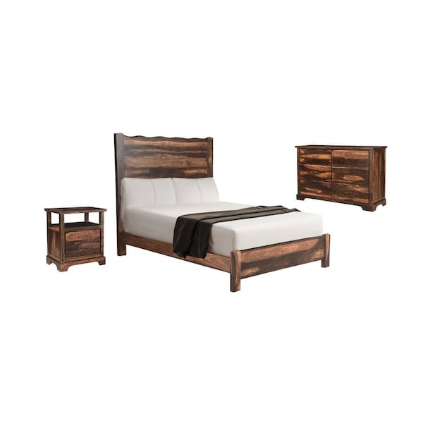 Homeroots Three Piece Dark Brown Solid Wood Bedroom Set 554221 - main