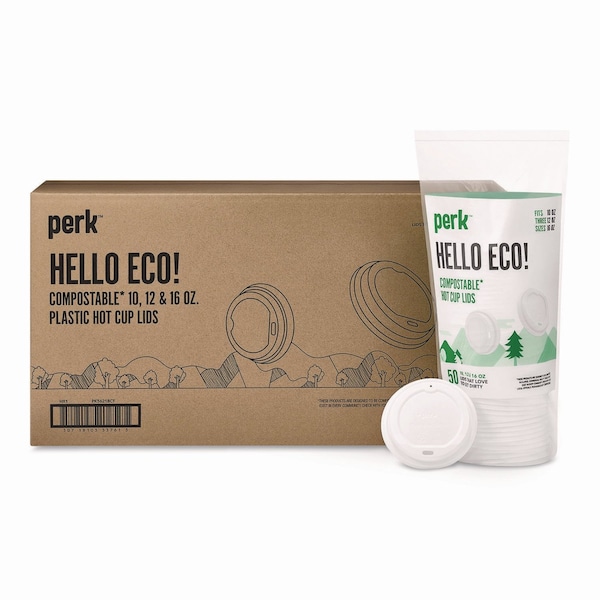 Perk Compostable Plastic Hot Cup Lids, Fits 10 oz to 16 oz Hot Cups, Plastic, White, 500PK PK56218CT - main