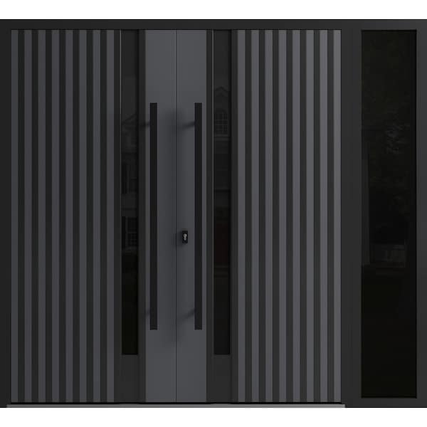 Vdomdoors Front Exterior Prehung Aluminum Double Doors Ronex0144 Grey 1 Sidelight Mirrored Clear Glass 1 RONEX0144DEXD-GRE-W72+16xH96-RH-O - main