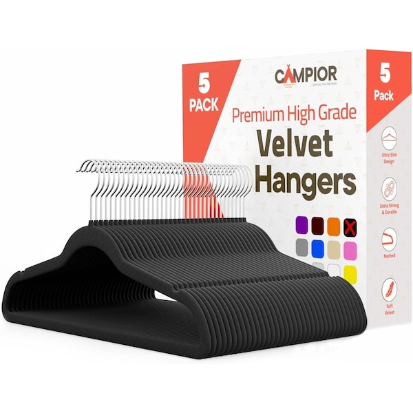 Campior Black Velvet Hangers, 360 Deg Swivel Hook, Non-Slip and Space Saving Hangers, Heavy-Duty, 5PK CMPVVH5BK - main
