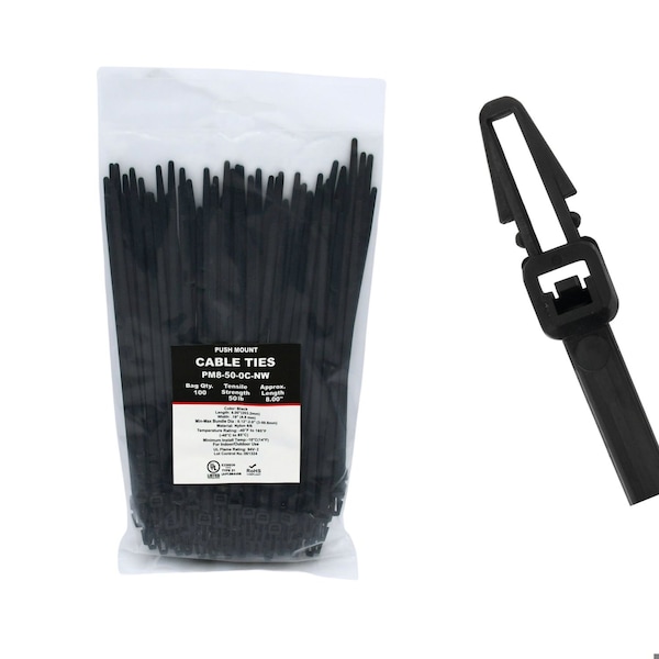 Cable Ties Unlimited Push Mount Cable Tie, No Wings, 8 in L, 50 lb Strength, 2.2 in Max Bundle Dia, Nylon, Black, 100PK PM8-50-0C-NW - main