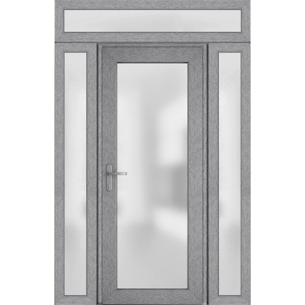 Vdomdoors Front Exterior Prehung FiberGlass Door Frosted Glass / Manux 8102 Grey Ash / 2 Sidelight and Transo MANUX8102EXD-SS-W14+36+14 x H80+14-RH - main