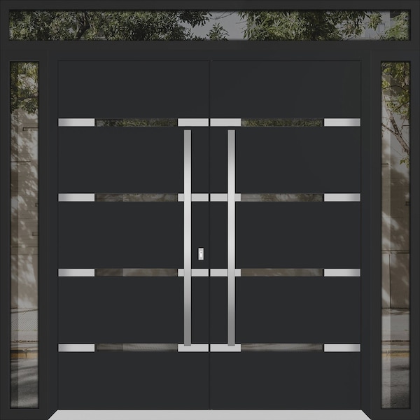 Vdomdoors Metal Double Doors Deux 1105 Black Enamel Mirrored Clear Glass 2 Sidelights and Top Transom Entry M DEUX1105DEXD-BLK-W14+72+14xH80+12-RH-I - main