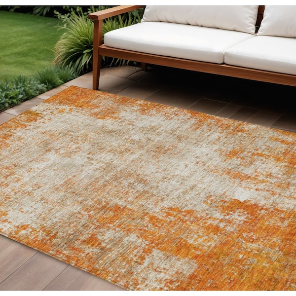 Homeroots 9' X 12' Orange And Ivory Abstract Washable Indoor Outdoor Area Rug 612344 - main
