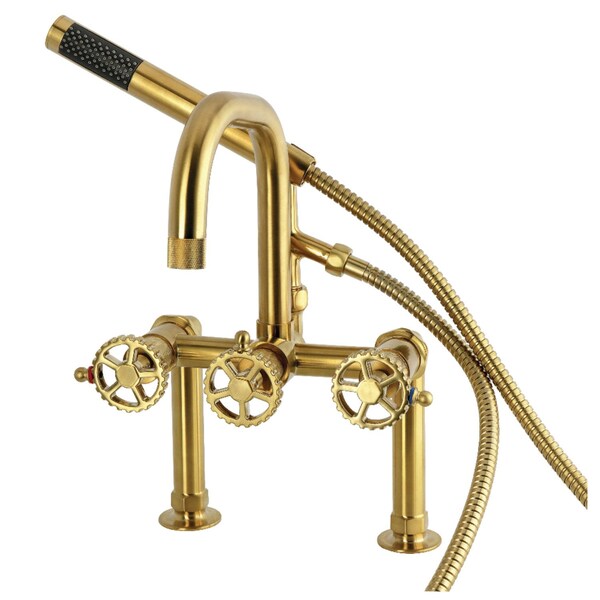 Kingston Brass 7" Center Deck-Mount Clawfoot Tub Faucet with Hand Shower, Brushed Brass AE6007CG - main