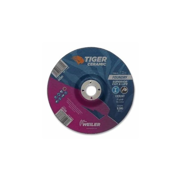 Weiler Tiger Grinding Wheel, 7 in dia x 1/4 in Thick x 7/8 in Arbor, 24 Grit, Ceramic Alumina, Type 27, 10PK 804-68388 - main