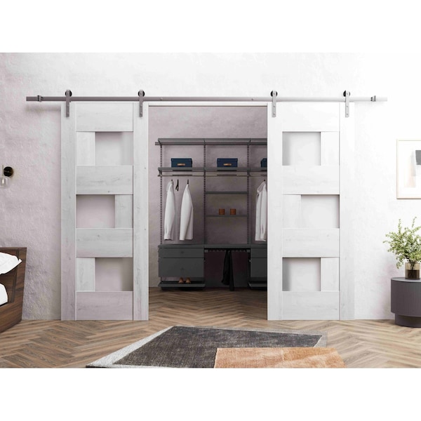 Vdomdoors Sturdy Dbl Barn Door 84 x 80in, Nordic White W/ Frosted Glass, SS 14FT Rail Hangers Heavy Set SETE6933DB-S-NOR-84 - main