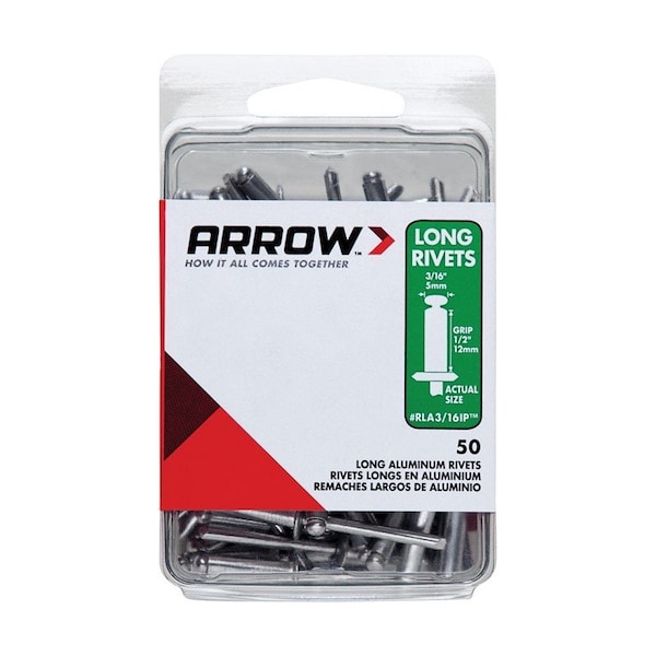 Arrow Fastener 3/16 in. D X 1/2 in. Aluminum Long Rivets Silver, 50PK RLA3/16IP - main