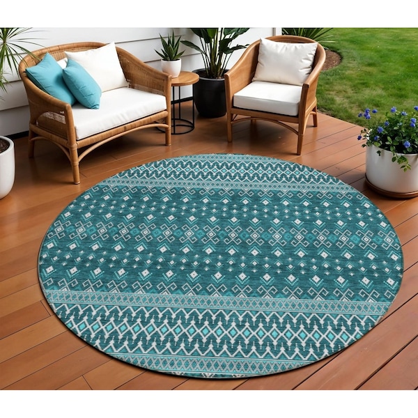 Homeroots 8' Teal Blue Aqua And Ivory Round Tribal Washable Indoor Outdoor Area Rug 582592 - main