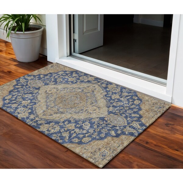 Homeroots 3' X 5' Navy Blue Beige And Brown Oriental Washable Indoor Outdoor Area Rug 605253 - main