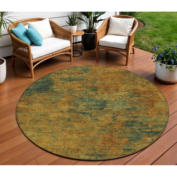 Homeroots 8' Copper And Green Round Abstract Washable Indoor Outdoor Area Rug 603583 - main