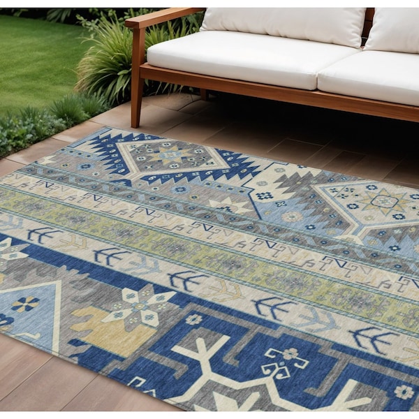 Homeroots 9' X 12' Navy Blue Green And Gray Aztec Washable Indoor Outdoor Area Rug 598488 - main