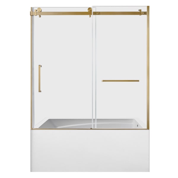 Kingston Brass 60" Acrylic Anti-Skid Alcove Right-Hand Drain Tub with Left Sliding Tub Door, White/Brushed Brass KVTAM6032R22D7 - main