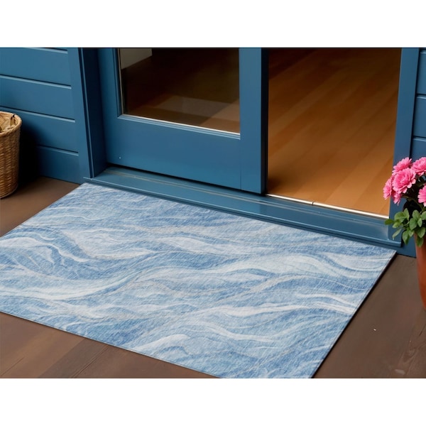 Homeroots 3' X 5' Denim Blue And Sky Blue Abstract Washable Indoor Outdoor Area Rug 582980 - main