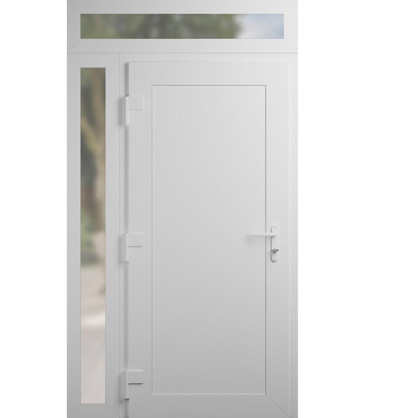 Vdomdoors Front Exterior Prehung Metal-Plastic Door, Manux 8111 White Silk, Side and Top Sidelite Transom, Of MANUX8111EXD-WS-W36+14xH80+14-RH - main