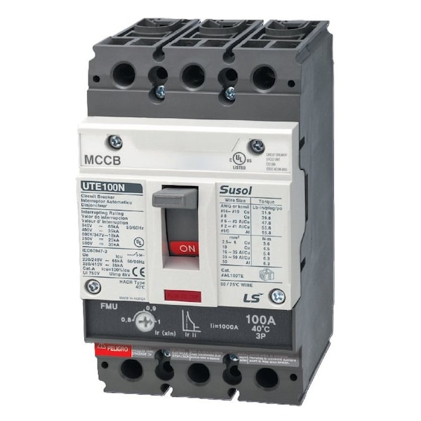 Ls Electric UTE100ET Series 3 Pole MCCB. 100A Frame. 80A Trip Amperage. FMU - Fixed Magnetic / Adjust 02050145UL - main