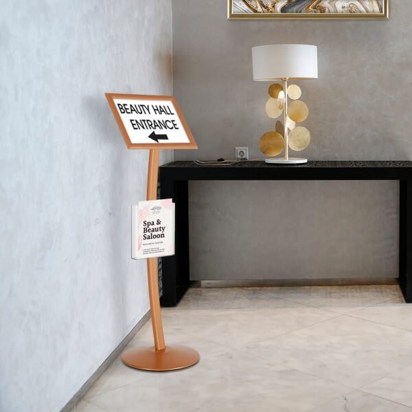 M&T Displays Copper 11 x 17 Inch Pedestal Sign Holder with Clear Brochure Holder Menu Board Floor Standing UCUMB11517X9002 - main
