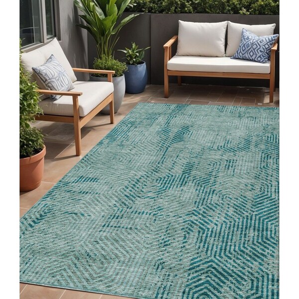 Homeroots 5' X 8' Teal Blue And Gray Geometric Washable Indoor Outdoor Area Rug 594588 - main