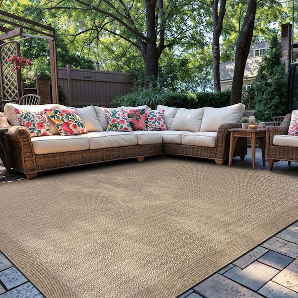 World Rug Gallery Contemporary Bordered Weather Resistant Reversible Indoor/Outdoor Rug 7 ft 10 in x 10 ft Beige WR111BEIGE8X10 - main