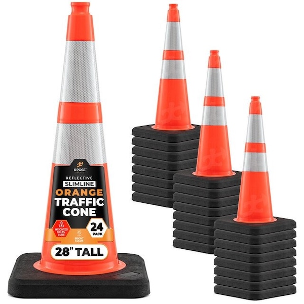 Xpose Safety 28 In Orange Slim Line Traffic Cone, 10 lb Base with 6in & 4in Collar, DOT Approved, 24-PK OTC28SL-64-10L-24-X - main