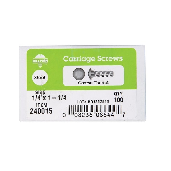 Hillman 1/4 in. X 1-1/4 in. L Zinc-Plated Steel Carriage Bolt, 100PK 240015 - main