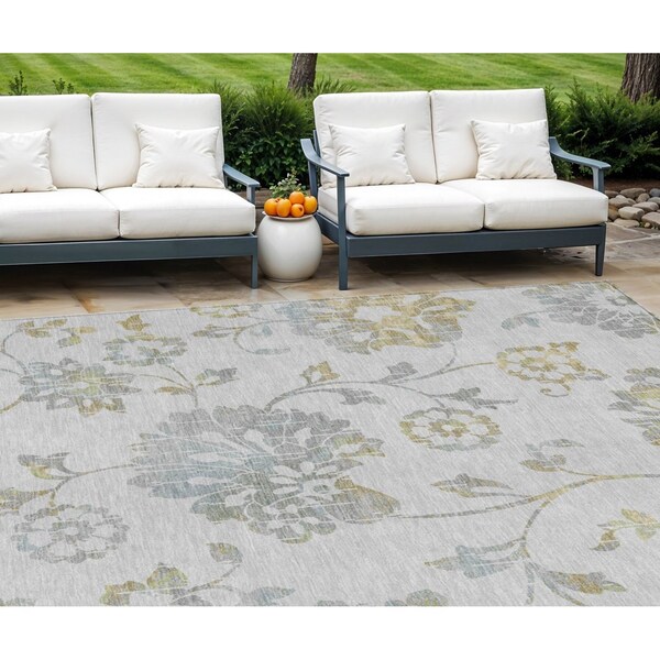Homeroots 10' X 14' Silver Gray And Gold Floral Washable Indoor Outdoor Area Rug 589505 - main