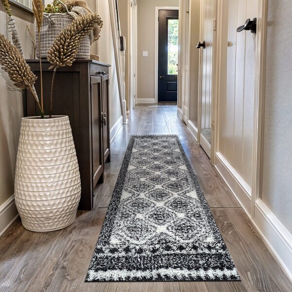 World Rug Gallery White Geometric Pattern Shag Runner Rug 2 ft 3 in x 12 ft White WR120WHITE2X12 - main