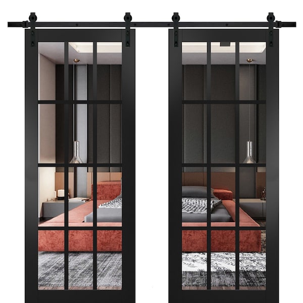 Sartodoors Sturdy Double Barn Door with, Felicia 3355 Matte Black with Clear Glass, 13FT Rail Hangers Heavy S FELICIA3355DB-BLK-8484 - main