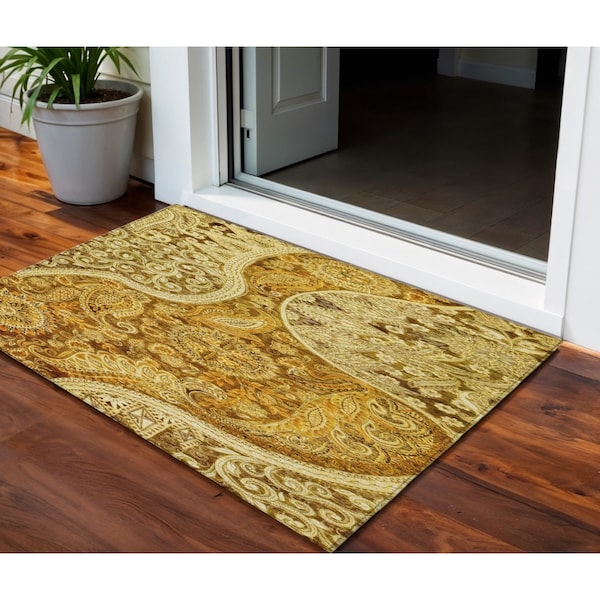 Homeroots 3' X 5' Terra Cotta Brown And Gold Floral Medallion Washable Indoor Outdoor Area Rug 603203 - main