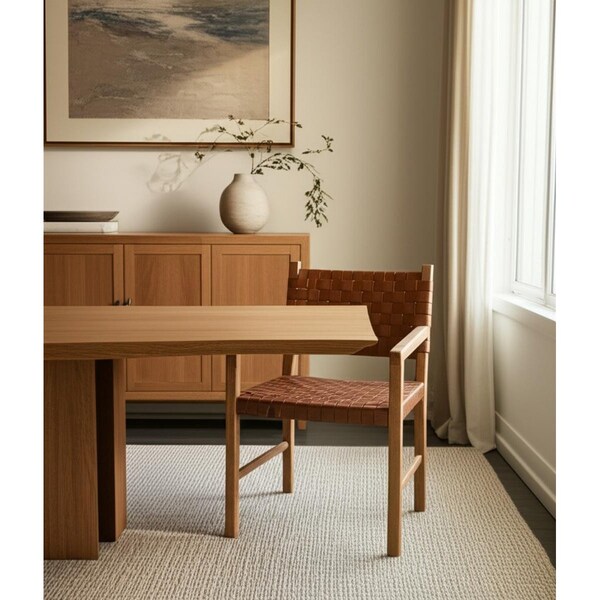 Homeroots Brown Woven Leather And Solid Wood Dining Arm Chair 605888 - main