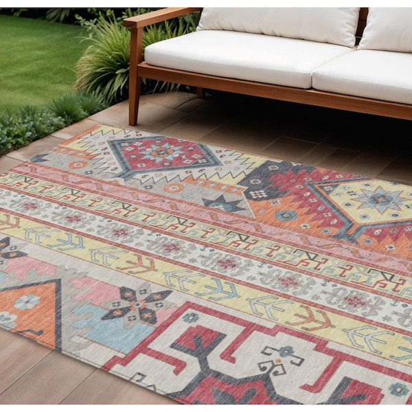 Homeroots 10' X 14' Linen Pink And Yellow Aztec Washable Indoor Outdoor Area Rug 598477 - main