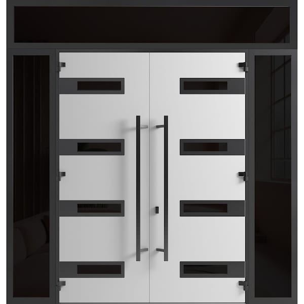 Vdomdoors Front Exterior Prehung Aluminum Double Doors Ronex0131 Grey 2 Sidelights and Top Transom Mirrored RONEX0131DEXD-GRE-W14+72+14xH80+12-RH-I - main