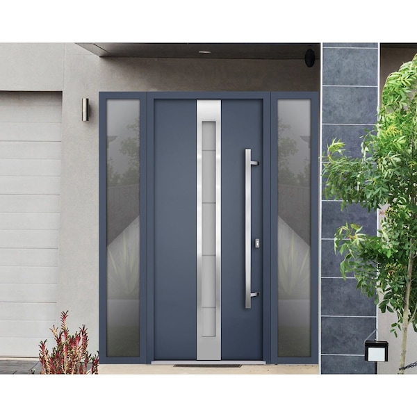 Vdomdoors Steel Door Deux 1717 Gray Graphite 2 Sidelight Exterior Windows Stainless Inserts Single Modern Pai DEUX1717EXD-GRE-W12+36+12 x H80-Left-hand Inswing - main