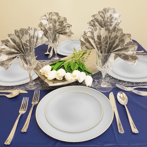 Smarty Had A Party Gray with Gold Organic Round Plastic Dinnerware Value Set (120 Dinner Plates+120 Salad Plates), 240PK 930GGVP-CASE - main