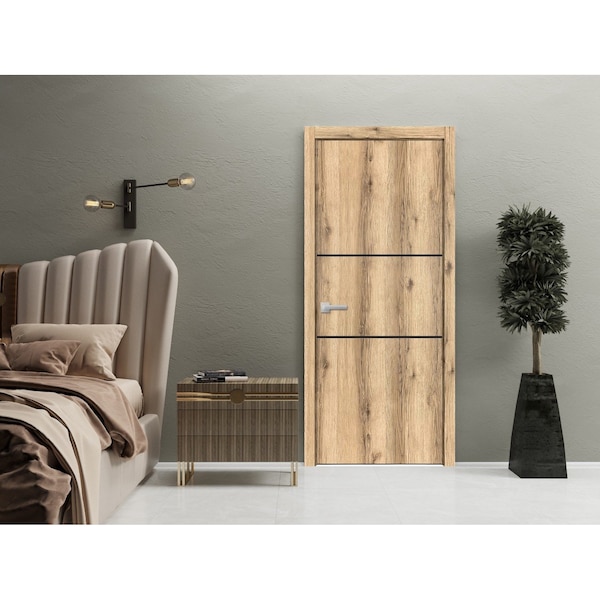 Sartodoors Modern Wood Interior Door with Hardware, Planum 0014 Oak and Aluminum Strips, Single Panel Frame Tr PLANUM0014ID-DUB-3084 - main