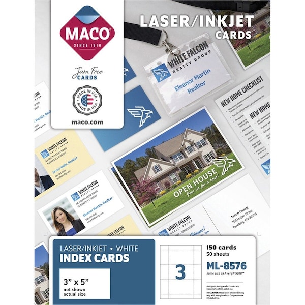 Maco Tag & Label Maco UnRule Index Cards ML8576, 3" x 5", White, 150/Box ML8576 - main