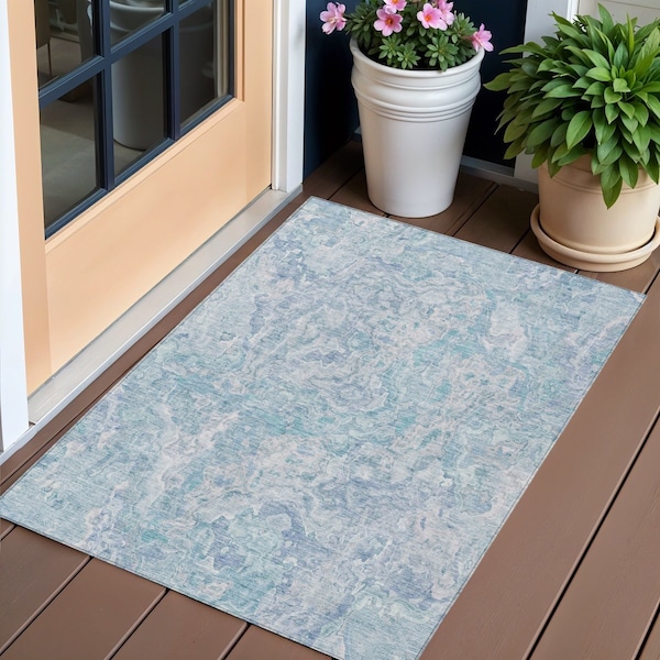 Homeroots 3' X 5' Sky Blue And Denim Blue Abstract Washable Indoor Outdoor Area Rug 588480 - main