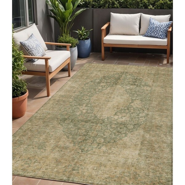 Homeroots 5' X 8' Artichoke Green And Beige Medallion Washable Indoor Outdoor Area Rug 616443 - main