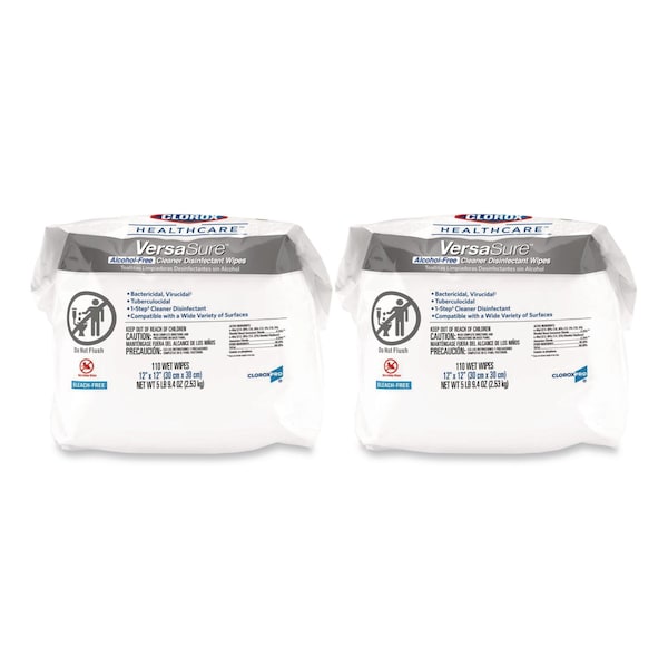 Clorox VersaSure Cleaner Disinfectant Wipes, Refill, 1-Ply, 12 x 10, Fragranced, White, 110 Wipes, PK2 31761 - main