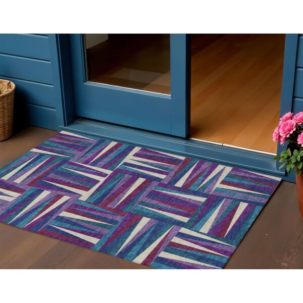 Homeroots 3' X 5' Purple Ivory And Teal Blue Geometric Washable Indoor Outdoor Area Rug 598292 - main