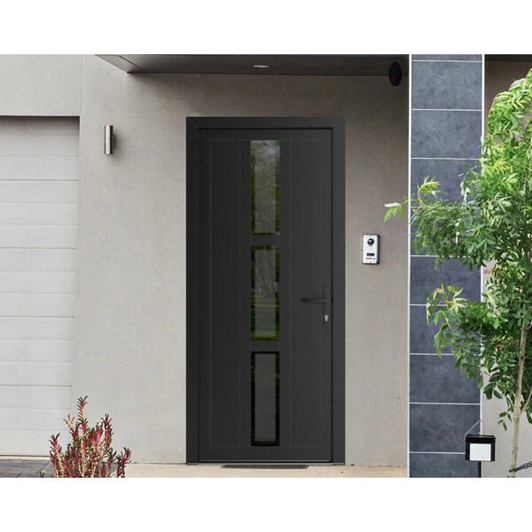 Vdomdoors Front Exterior Prehung Metal-Plastic Door Frosted Glass / MANUX 8112 Matte Black / Office Commercia MANUX8112EXD-BLK-W32xH80-LH-I - main