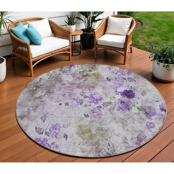 Homeroots 8' Purple Lavender And Artichoke Green Round Floral Washable Indoor Outdoor Area Rug 583126 - main