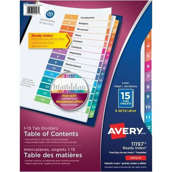 Avery Dennison Avery Ready Index T.O.C. Reference Divider, 1 to 15, 8.5"x11", 15 Tabs, 6 Sets, White/Multi 11197 - main