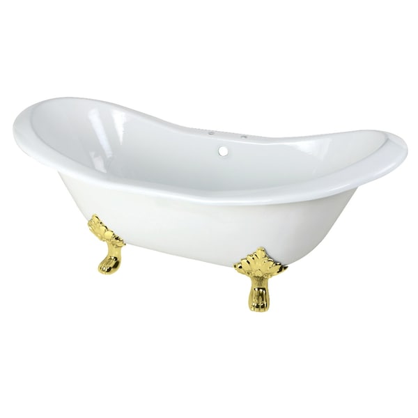 Kingston Brass 72" Cast Iron Oval Double Slipper Clawfoot Tub, 7" Faucet Drillings, White/Polished Brass VCT7D7231NC2 - main