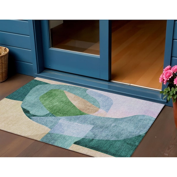 Homeroots 3' X 5' Green And Teal Blue Abstract Washable Indoor Outdoor Area Rug 630447 - main