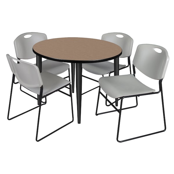 Regency Round Kahlo Breakroom Table W/ 4 Zeng Stack Chairs, 42 in W, 42 in L, Noble Oak TPL42RNDNOBK44GY - main